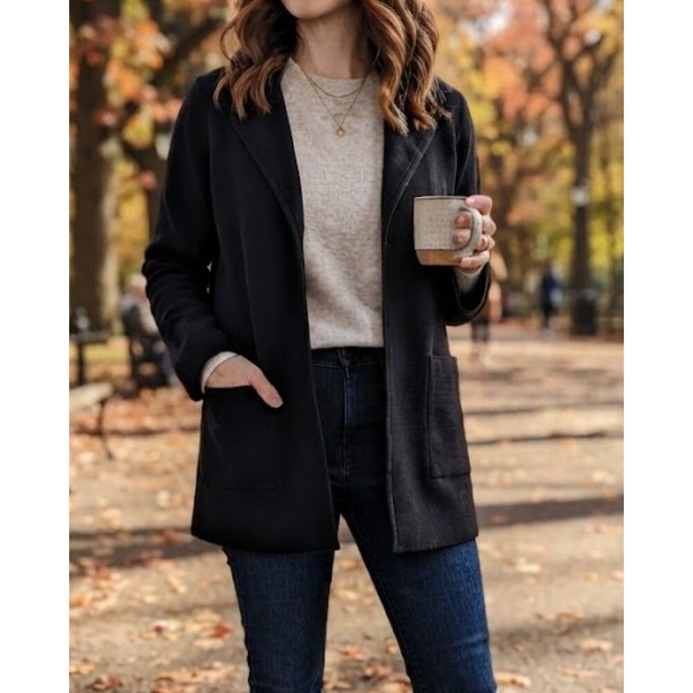 Quince 100% Organic Cotton Knit Blazer Black Small Cardigan Jacket